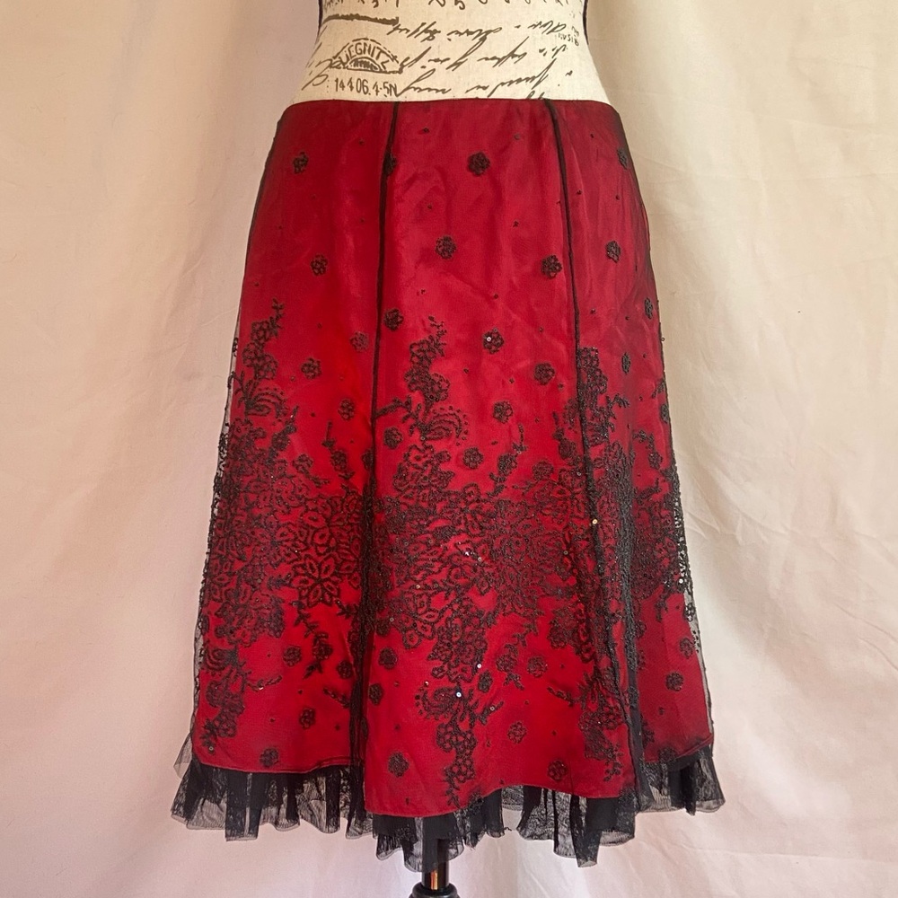 Adrianna Papell vintage Red Circle Skirt with Black Lace Overlay